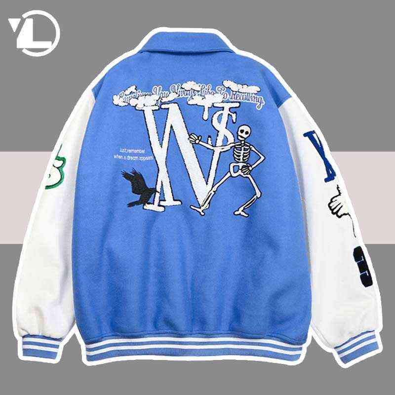 

Skeleton Flocking Baseball Jacket Men Women Blue Hip Hop Streetwear Patchwork Varsity Jackets Loose Bomber College Coats Unisex G1231, Green
