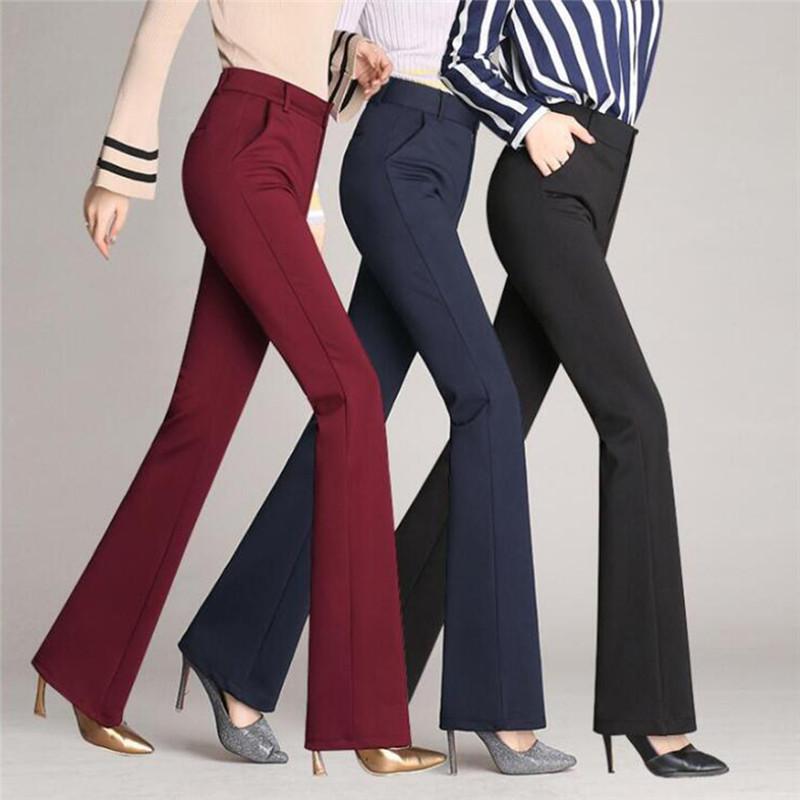 

Summer Autumn Solid Elegant Female Lady Women's Palazzo Flared Wide Killer Legs Pants High Waist Ladies Career Long Trousers, Black
