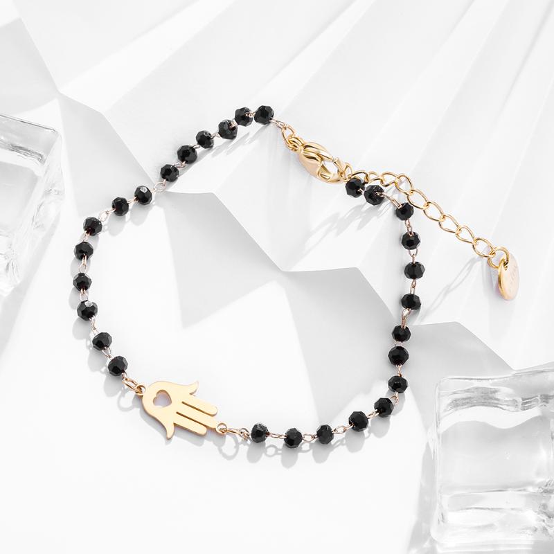 

New Hamsa Fatima Heart Stainless Steel Bracelets Boho Evil Eye Handmade Charms Bracelets Black Bead Women Girls Jewelry 2021