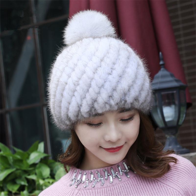 

Real Hats with Genuine fur Pompoms Ladies Winter Knit Women Warm female Fluffy Caps H45, Black