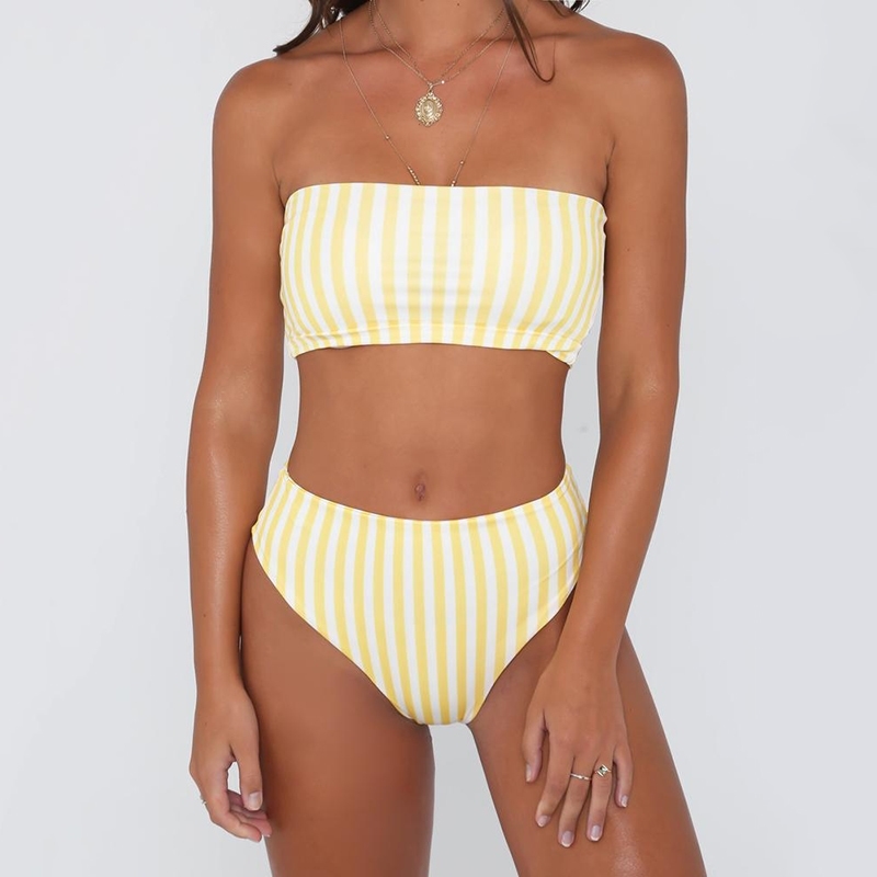 

PLAVKY Retro Sexy Yellow Striped Strapless Bandeau Biquini Cut High Waist Swim Bathing Suit Swimsuit Swimwear Women Bikini Y200319, Wine red