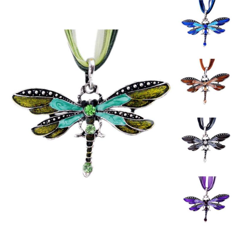 

Pendant Necklaces 2021 Fashion Antique Dragonfly Crystal Necklace Women Jewelry Enamel Rhinestone