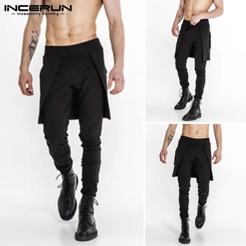 

Men Fashion Pants Solid Color Trousers Pockets Pencil Joggers Mens Fitness Irregular Skirts Pants Man Black Pantalones INCERUN