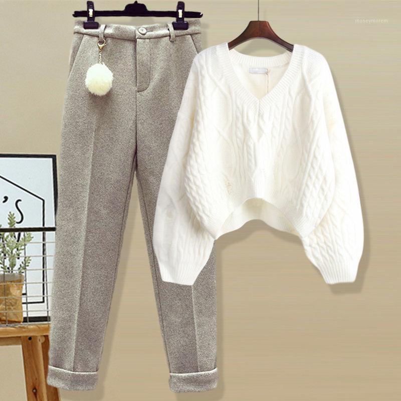 

2021 Women Autumn Winter New Casual Pant 2 Piece Set Lady V-neck Sweater + Woolen Pencil Pant Suit Female Elegant Solid Set I1161, Khaki