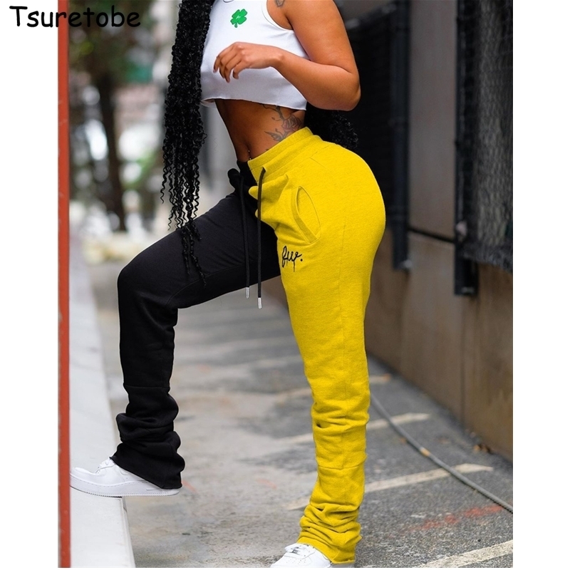 

Tsuretobe Stacked Sweatpants Women Streetwear Joggers Patchwork Colored Pants Embroidery High Waist Pants Casual Trousers Female 201031, Green-black