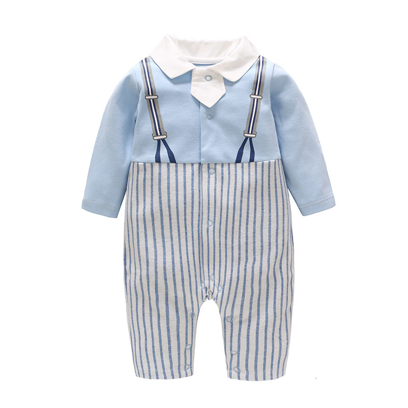 

2021 New Boys Rompers Kids Clothes Gentleman Striped Autumn Newborn Jumpsuit Baby Romper Set 0-2y 5jnz, Sky blue