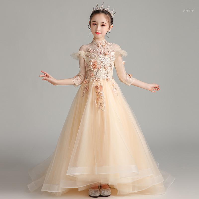 

Summer Luxury New Children girls Florals Birthday Wedding Party Ceremony Princess Long Tail Mesh Dress Host Costumes Trail Dress1, Champagne tail