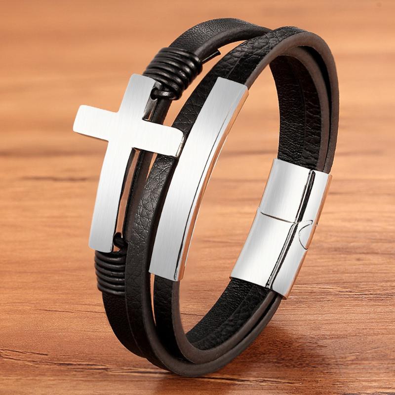 

Charm Rope Stainless Steel Magnetic Gold Silver Color Genuine Leather Men Bracelet Cross jesus Bangles Jewelry Chain for Gifts
