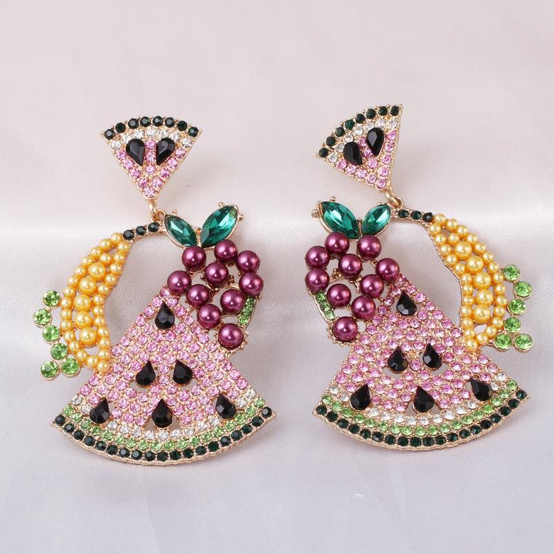 

Cute Full Rhinestone Watermelon Funny Earrings for Women Girl Gold Color Metal Crystal Banana Grape Fruit Dangle Earrings Brinco