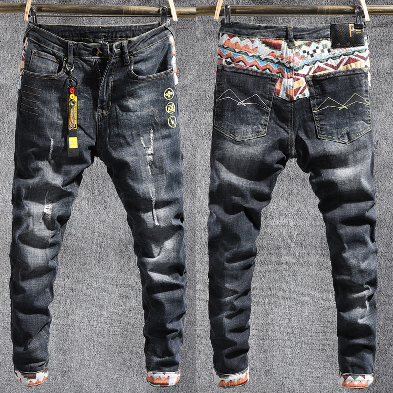 

2021 New Japanese Style Fashion Men Jeans Elastic Slim Fit Patchwork Embroidery Designer Denim Pants Hombre Streetwear Hip Hop Trousers G5tc, 863 black