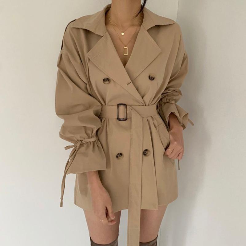

Women' Trench Coats Short Black Coat For Women Arrival Autumn Trumpet Sleeve All Match Outwear Chic Casual Female Khaki 2021