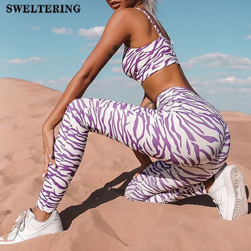 

Seamless Yoga Suit Gym Zebra Pattern Set Sportswear Crop Tank Tops High Waist BuLift Squat Proof Leggings Sport Pants 2 Pcs, Purple
