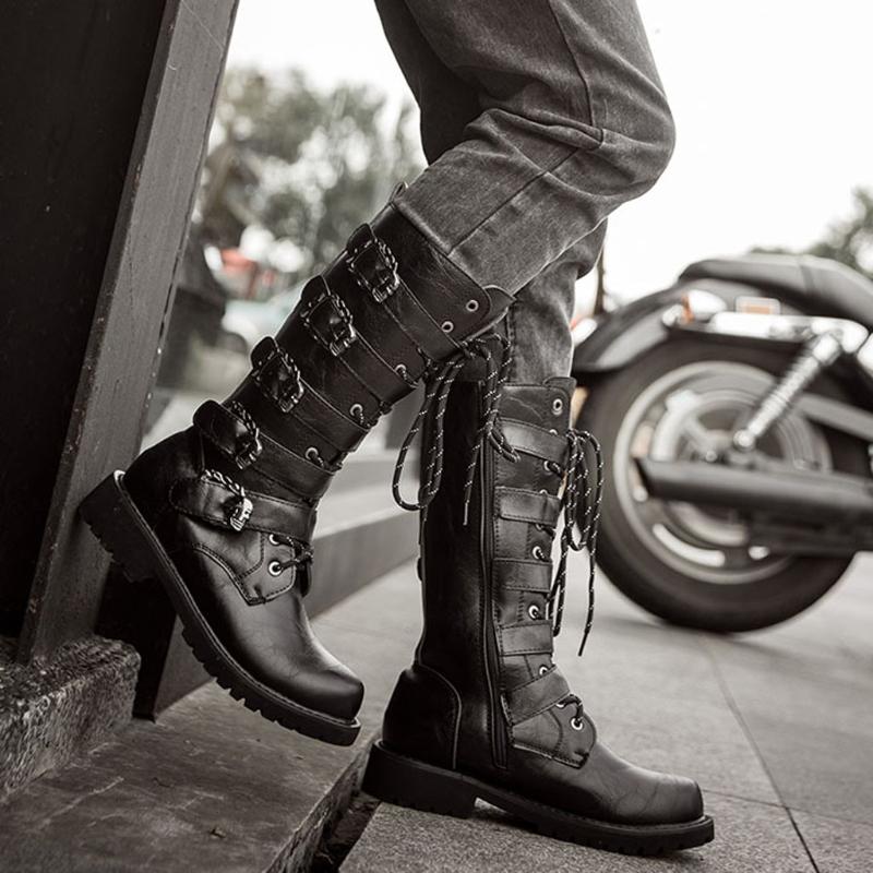 

Motorcycle Boots Men Flat Low Heel Moto Racing Motocross Motorbike Snow Shoes Lace Up Westerm Combat Botas Moto Riding Boot#1226, Black