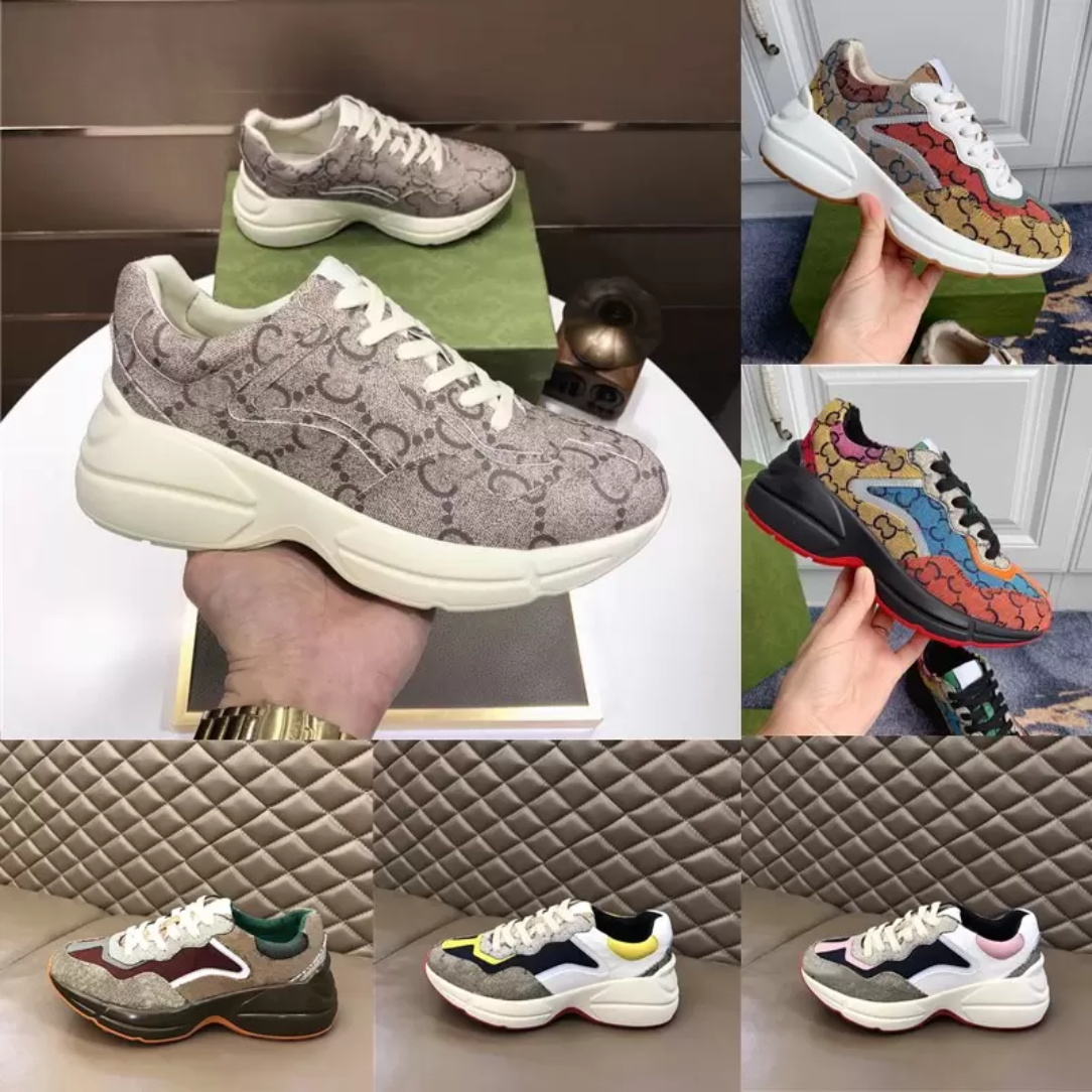 

Designer Rhyton Casual Shoes Brand Genuine Leather Thick Soled Men Women Dad Sneaker Letters Vintage Chaussures Lace-UP Increase Platform Leisure Flat 35-46 With Box, Color 13