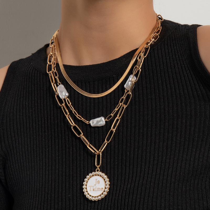 

Goth Multilayer Irregular Pearl Choker Necklace for Women Men Big Letter Coin Pendants Retro Snake Chain Necklace Jewelry