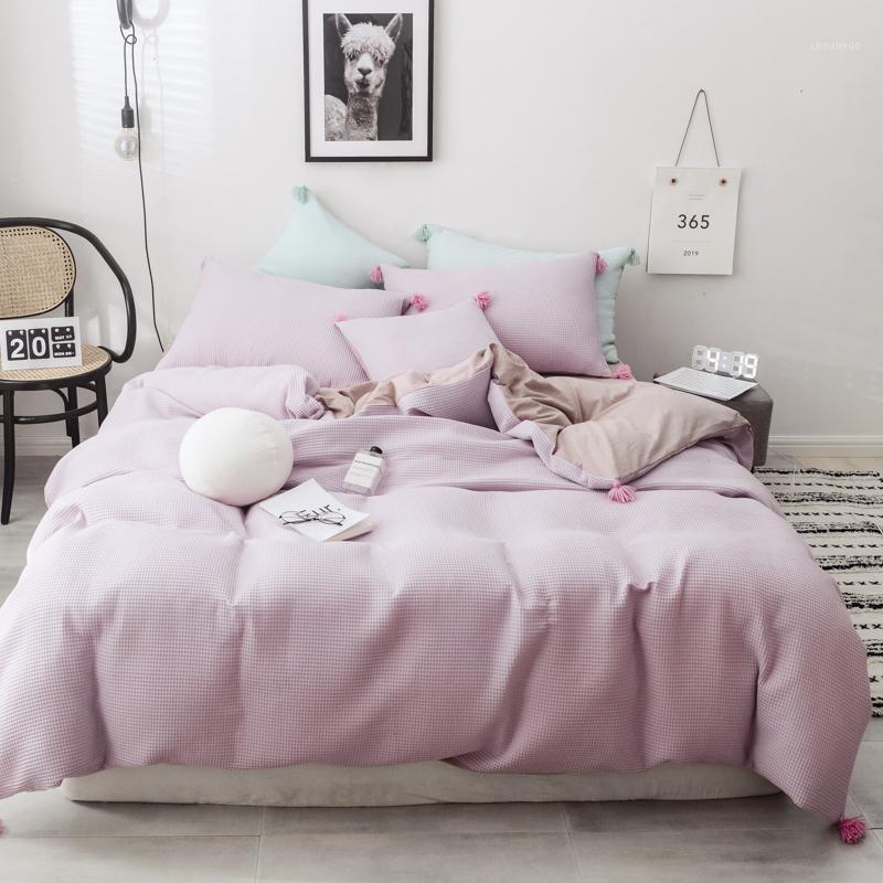 

100% Cotton Tassel King size Queen Bed Sheet or Fitted sheet set Bedding Set Pink Green Purple Duvet Cover Bed parure de lit1, Bedding set 1