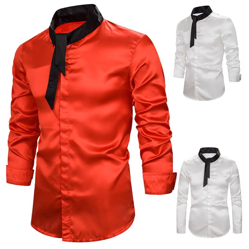 

Nice Mens Shiny Silk Satin Solid Shirts With Tie Long Sleeve Slim Fit Nightclub Wear Shirt Men DJ Prom Stage Weddding Costumes, Red