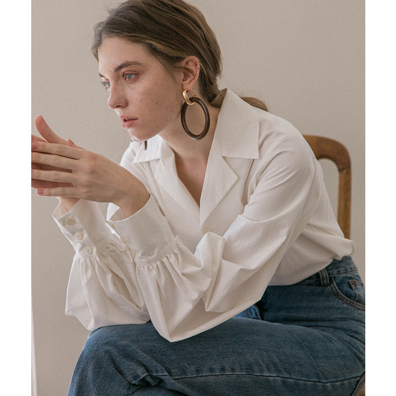 

2021 New Female Shirts of the Vintage Solid French Neckline Inlaid Collar Length Total Lantern Sleeves Lady Office Soft Shirt Spring PU4O, White