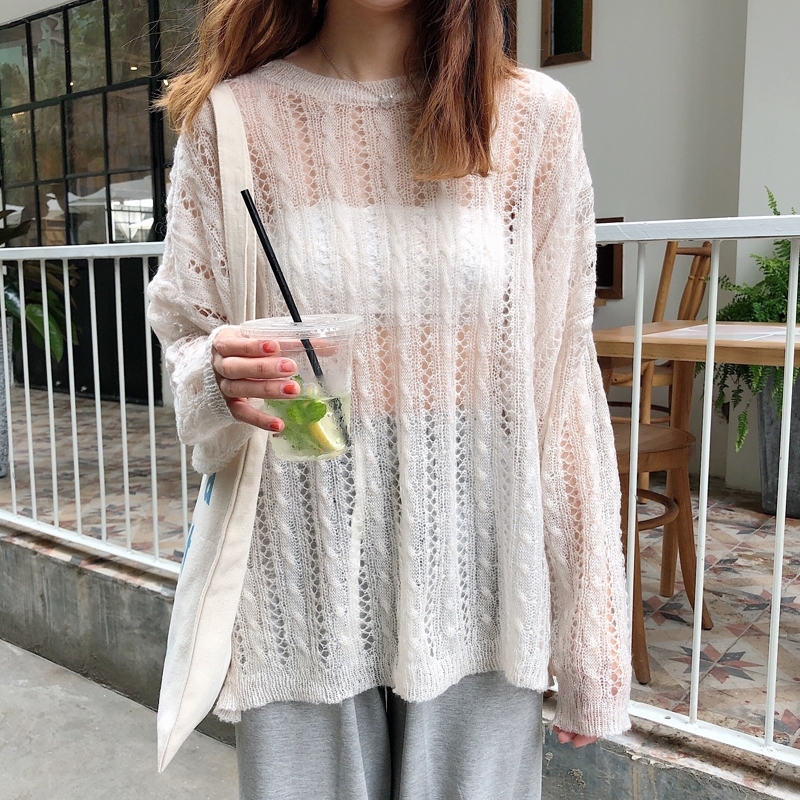

Women Spring Sweater O-neck Hollow Out Transparent Female Fashion Pollover Korean Style Ladies Jumper Sexy 201111, Beige