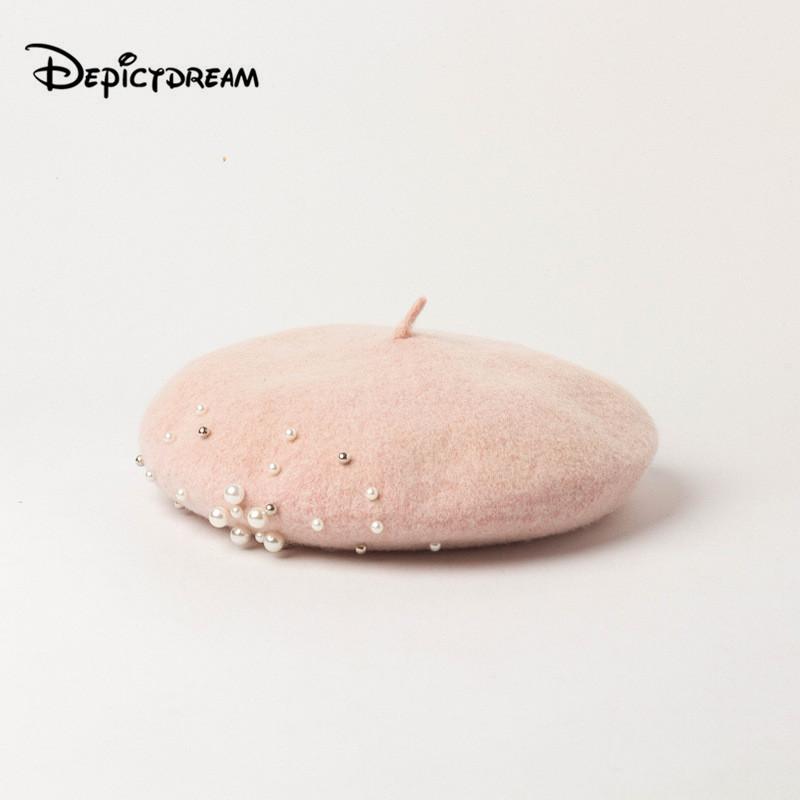 

Lady spring Winter Berets Hat Painter style hat Women Wool Pearl decoration Female Bonnet Warm Walking Cap, Pink