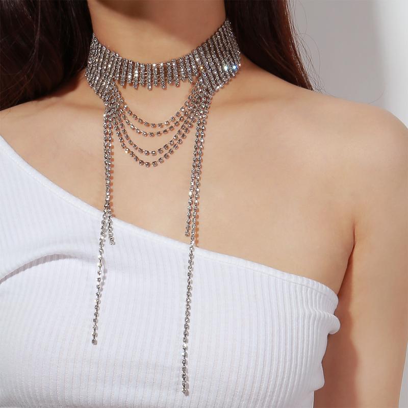 

Luxurious Sumptuous Tassels Chokers Necklaces Full Rhinestone Woman Korean Fashion Geometry Trendy Neck chain Choke coil