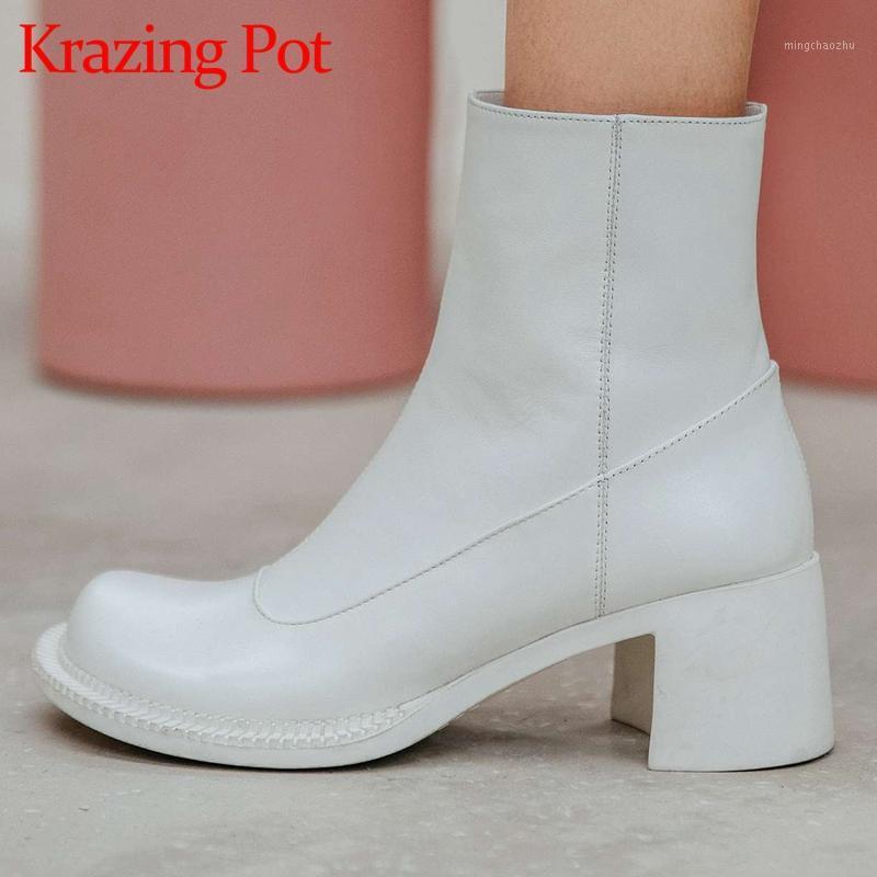 

Krazing pot genuine leather round toe high heels handmade shoes women winter keep warm elegant lady daily wear ankle boots L481, White