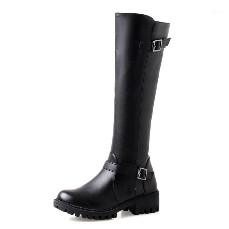 

Round Toe PU Flat Belt Buckle Short Plush Knee-Length Boots Side Zipper Low Heel Rubber Dark Brown Rider Boots Long women's Shoe1, Black