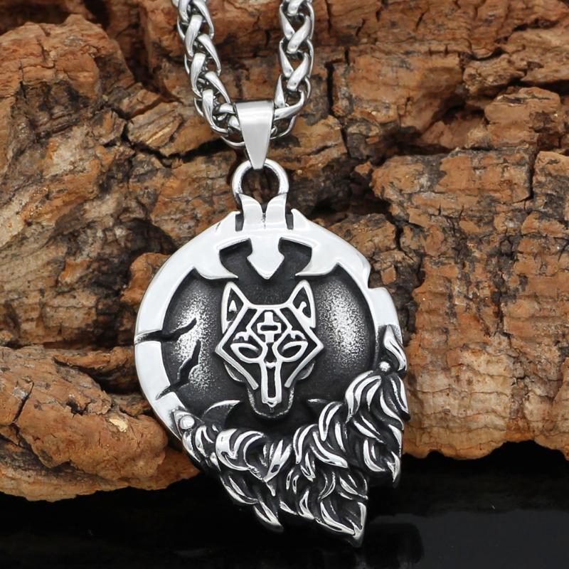 

Men stainless steel Nordic viking Fenrir Wolf Rune necklace with viking gift bag
