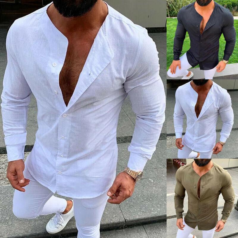 

Men's Linen Long Sleeve Solid Shirts Casual Slim Fit Formal Dress Tops Shirt, Black