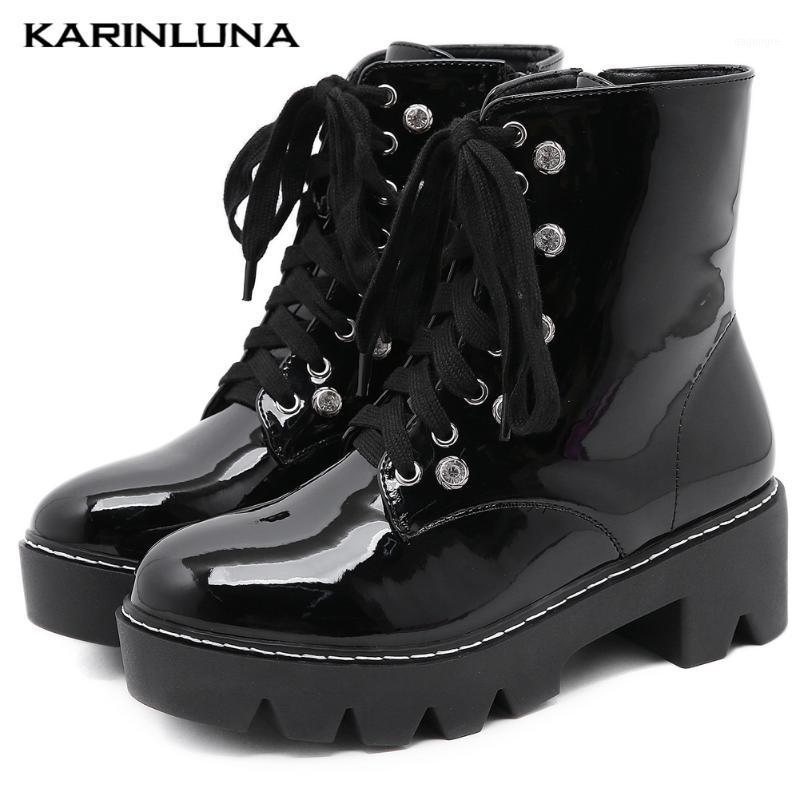 

Karin 2021 New Arrivals Square Heels Round Toe Platform Women Ankle Boots Cross-tied Autumn Female woman shoes1, Black