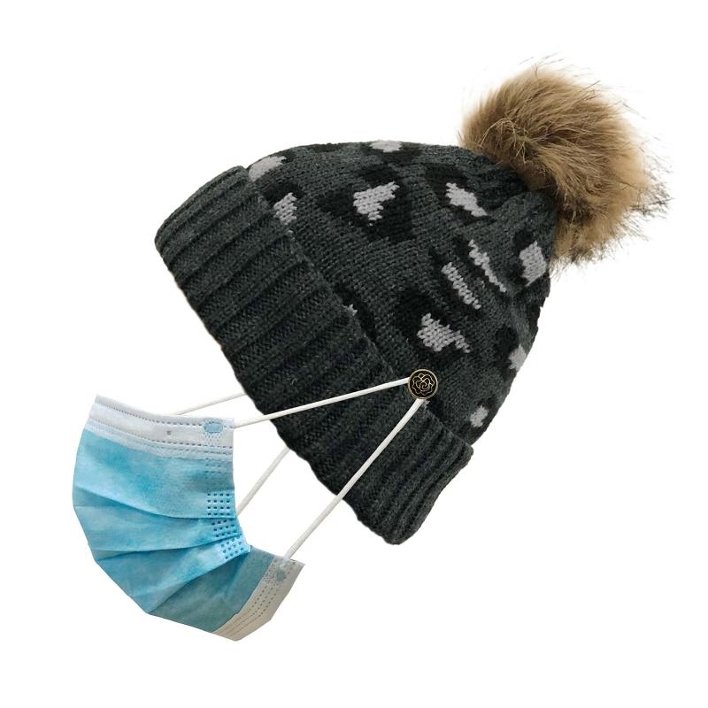 

Women Winter Leopard Knit Pompom Cuffed Beanie Hat with Detachable Side Buttons 2XPD, Black