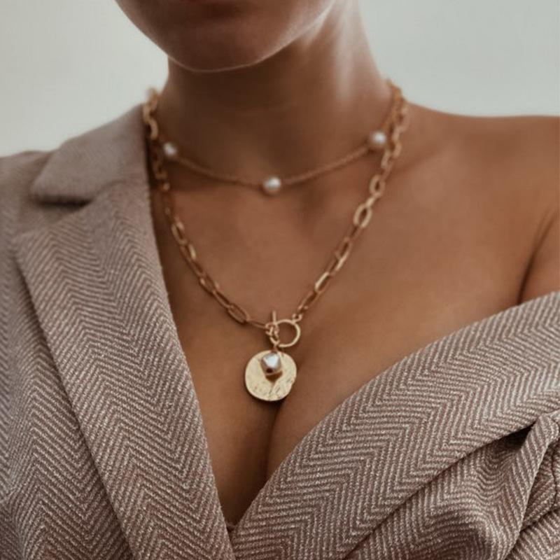 

Chains European And American Selling Retro Simple Alloy Clavicle Chain Wild Pearl Double Layer Necklace For Women, Silver