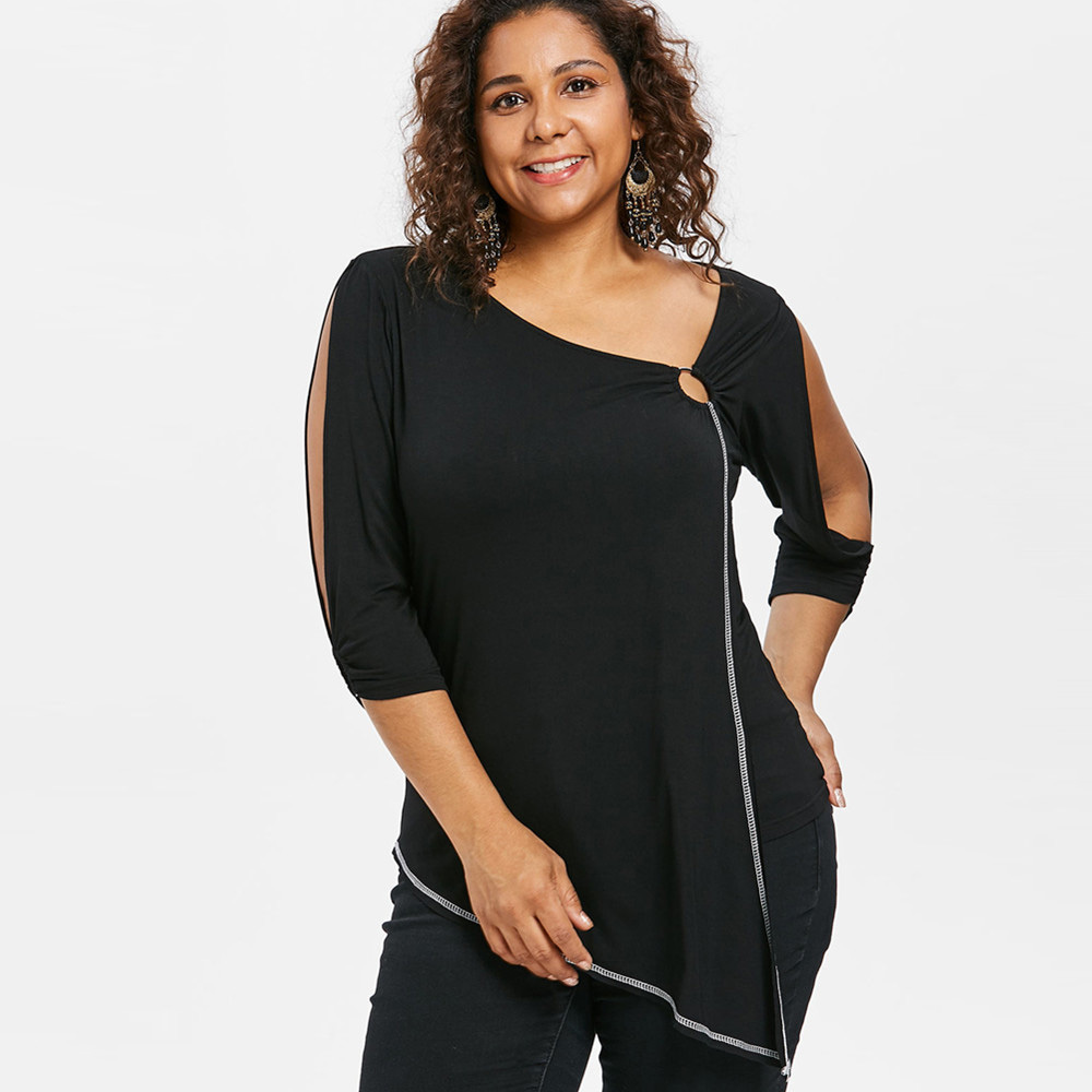 

Rosegal Plus Size T-Shirt Women Skew Collar 3/4 Split Sleeve Asymmetric T-Shirts Ladies Tops Casual Shirt Tees Big Size Clothes Y200111, Black