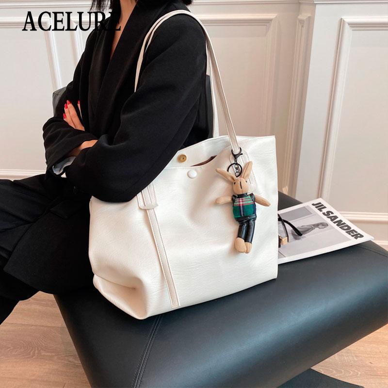 

ACELURE cute doll pendant high capacity shoulder bag totes for women soft PU leather large casual tote buckets shopping bags, Black