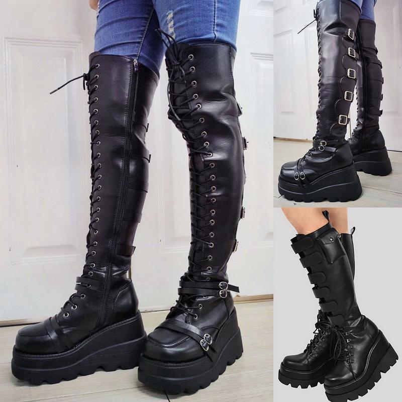 

New Winter Boots Women over Knee High Long Boots Leather Fashion Lace-Up Snow Non-Slip Black Shoes Woman, Black knee high
