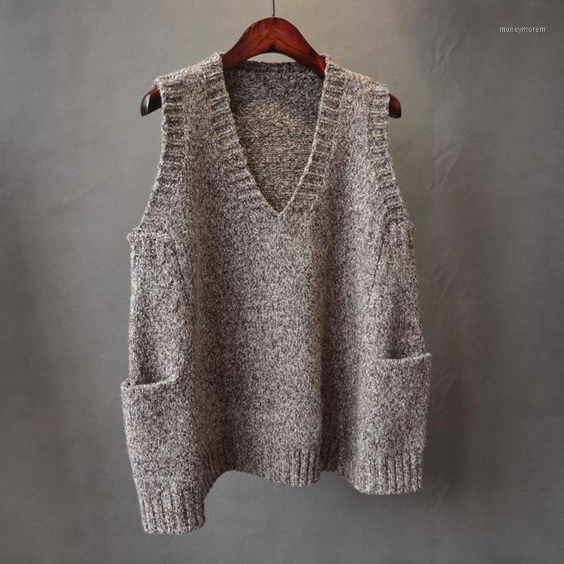 

2020 New Autumn Winter Women student Warm Loose Knitted Sweater Vests Female Double pocket Pullover Sleeveless Tops cc10171, Photo color
