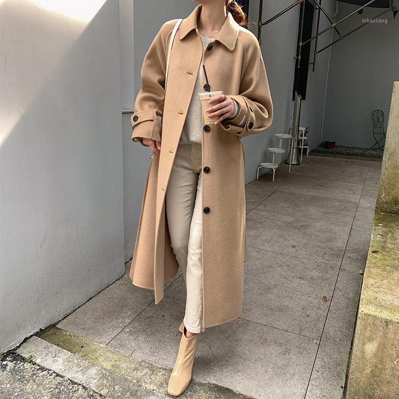 

Autumn 2020 New High End Korean Double Sided Woolen Long Loose Jacket Women Single Breasted Lacing Belt Handmade Wool Coat1, Black