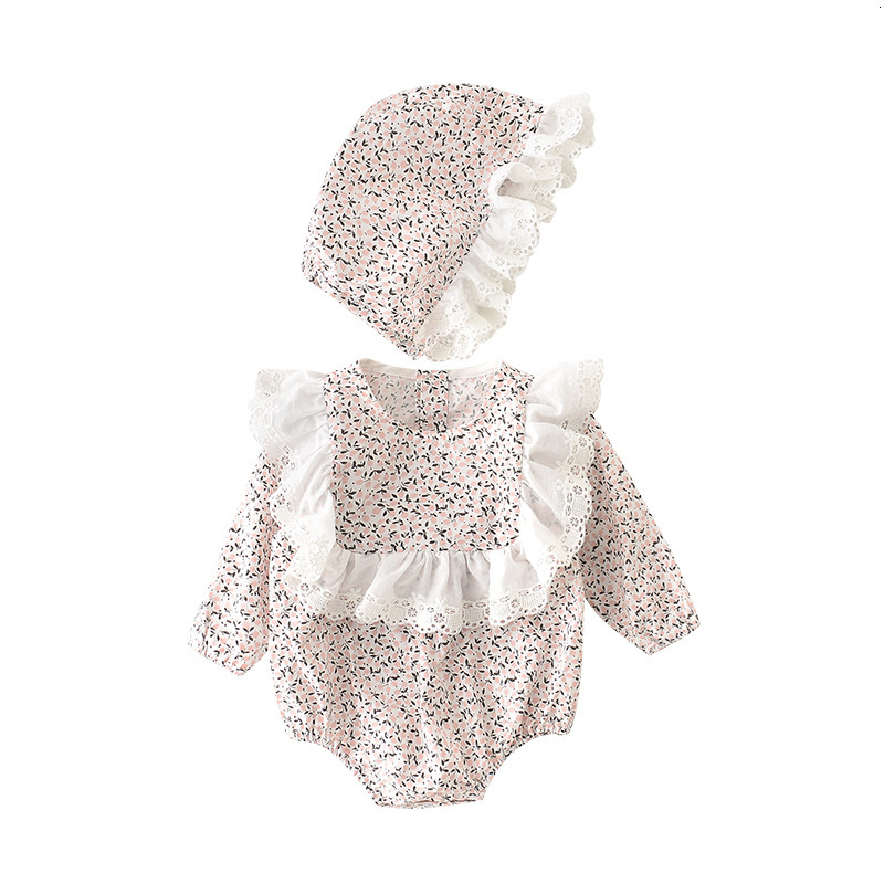 

2021 New Autumn Flowers Print Long Sleeve Bodysuits Baby Bodysuit Infant Jumpsuit with Hat Girls Clothing Set 0-2t Ecen, Khaki