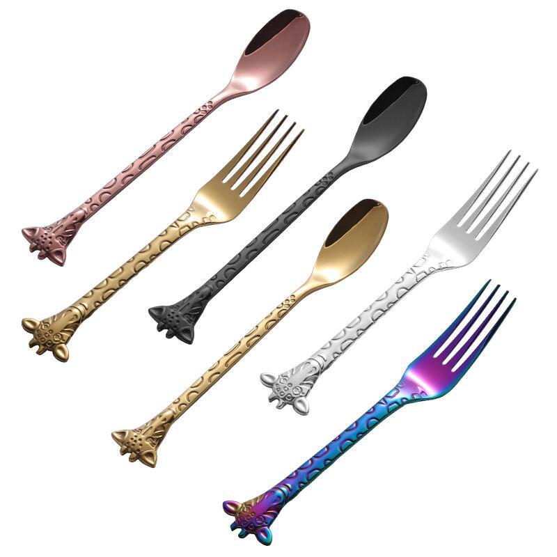 

50pcs/lot 304 stainless steel spoon and fork giraffe design dinner flatware coffee scoop dessert appetizer cheese fork