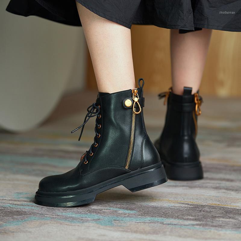 

MORDOAN Genuine Cow Leathe Flat bottom 2020 autumn new zipper British style retro thick bottom single boots ankle boots women1, Black