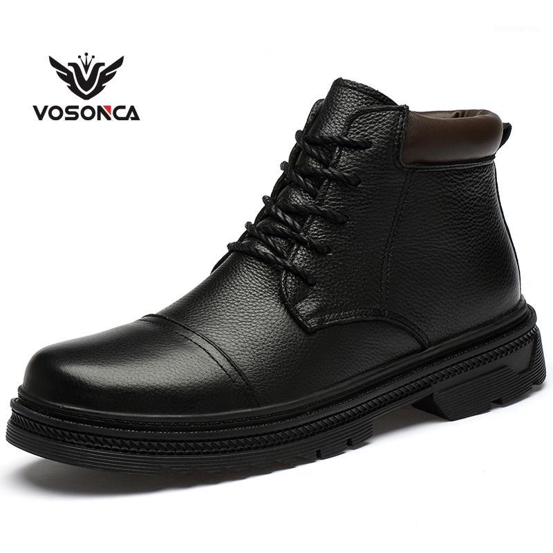 

VOSONCA Men Boots Cowhide Vintage Style Boots Men Shoes Casual Fashion High-Cut Plush Keep Warm Casual Shoes1, Black-plush