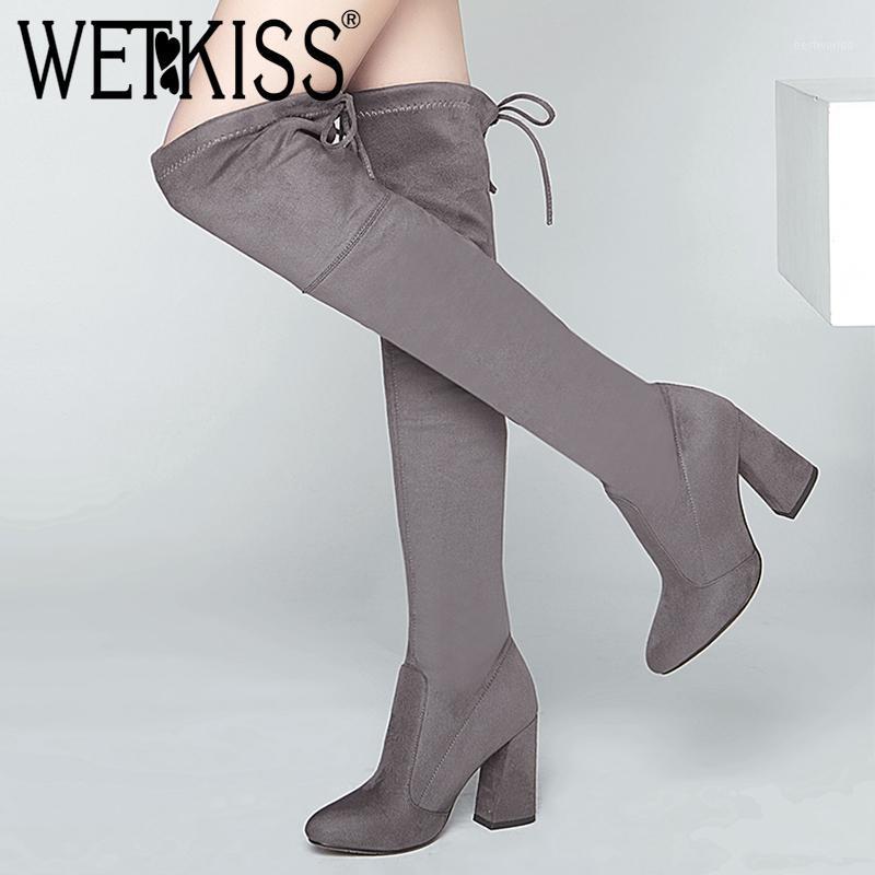 

WETKISS Latest Big Size 34-43 Stretch Boots Flock Woman Over the Knee Boot Thick High Heel Lady Boot Fashion Female Shoes Women1, Light gray