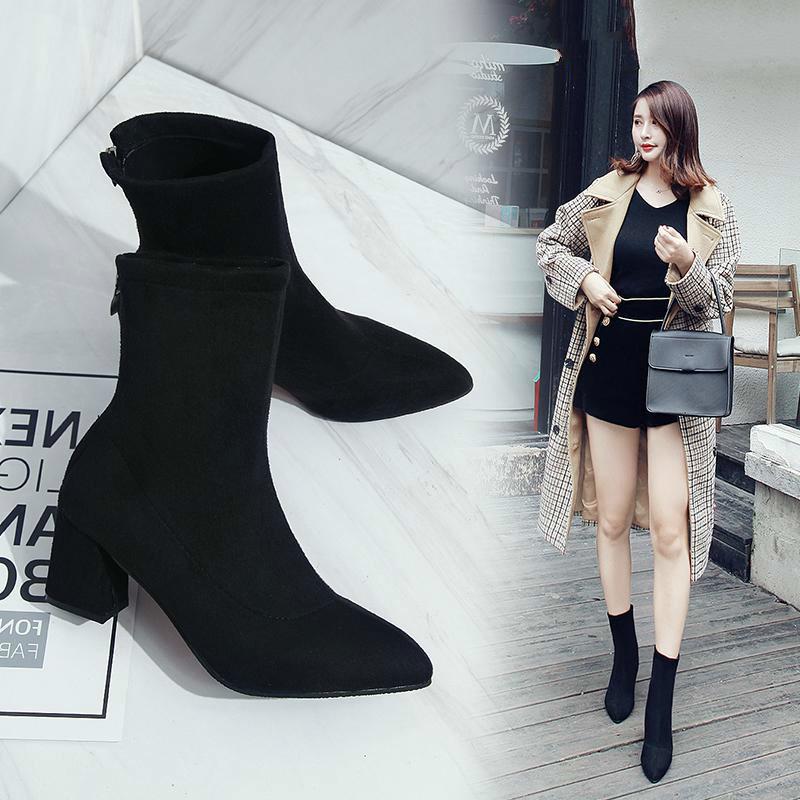 

Fashion Women Ankle Boots Thick Heels Shoes Female Est Pointed Toe Ladies Shoe Brand Boot Woman Zipper Super High, 7 cm