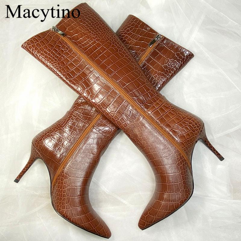 

Black cowhide crocodile pattern high-heeled boots brown mid-tube boots winter new full leather women's inside and outside, Blue