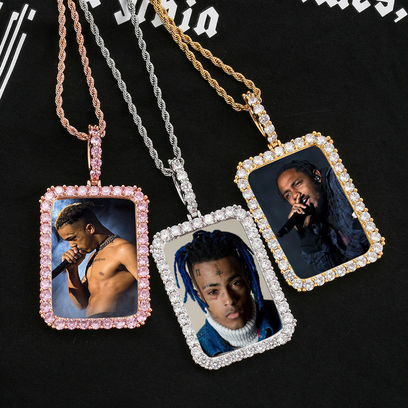 

Personalized Custom Picture/Photo Pendant Necklace Women Men Iced Out Square Frame Necklace Tennis Chain, Silver