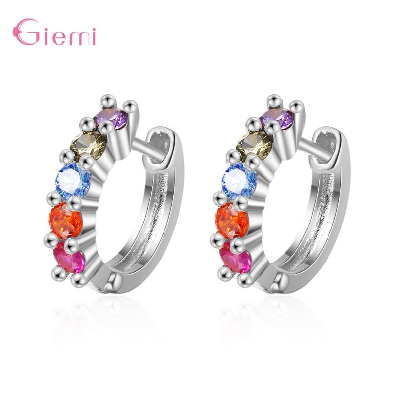 

Luxury Trendy 925 Sterling Silver Rainbow Colorful Cubic Zircon Hoop Earrings Fashion Jewelry For Women Girl Party Gifts