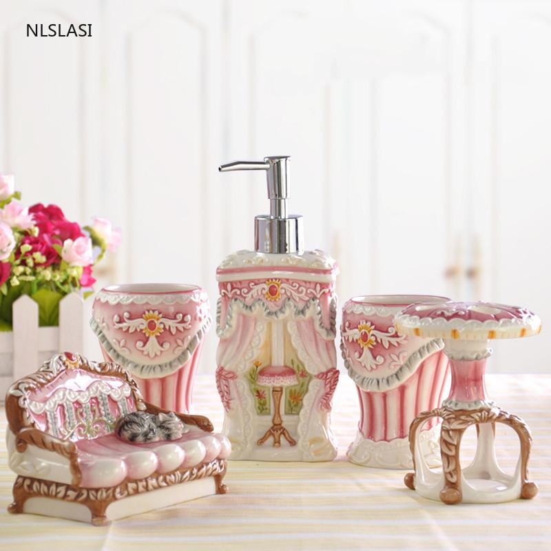 

5pcs/ set Ceramic Bathroom Accessory Set Soap dispenser Couple gargle cup Toothbrush Holder Soap Dish washing Wedding gifts