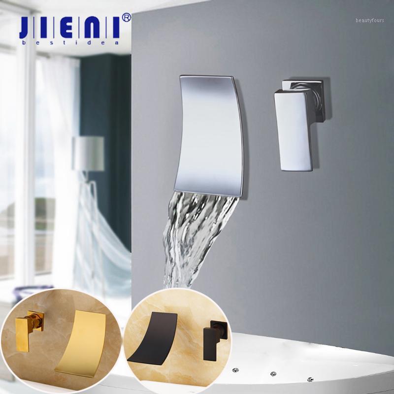 

JIENI Golden Plated Wall Mount Waterfall Chrome Solid Brass Bathtub Bathroom Basin Sink Faucet Black 1 Handle Hot Cold Mixer Tap1