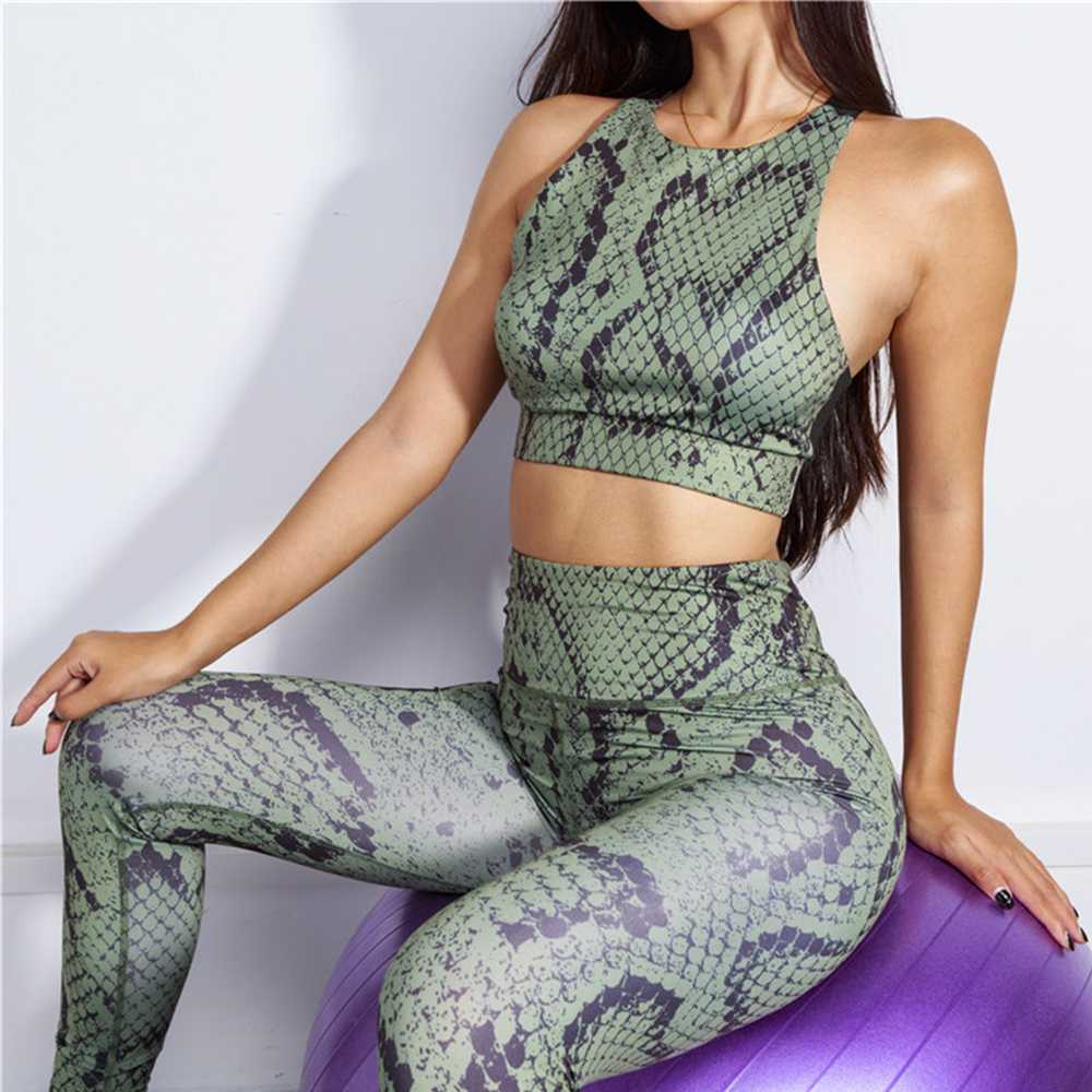 

Women sportswear fitness snake pattern 2 pieces set stracksuit print casual sleeveless gym clothing slim thin sport bras legging