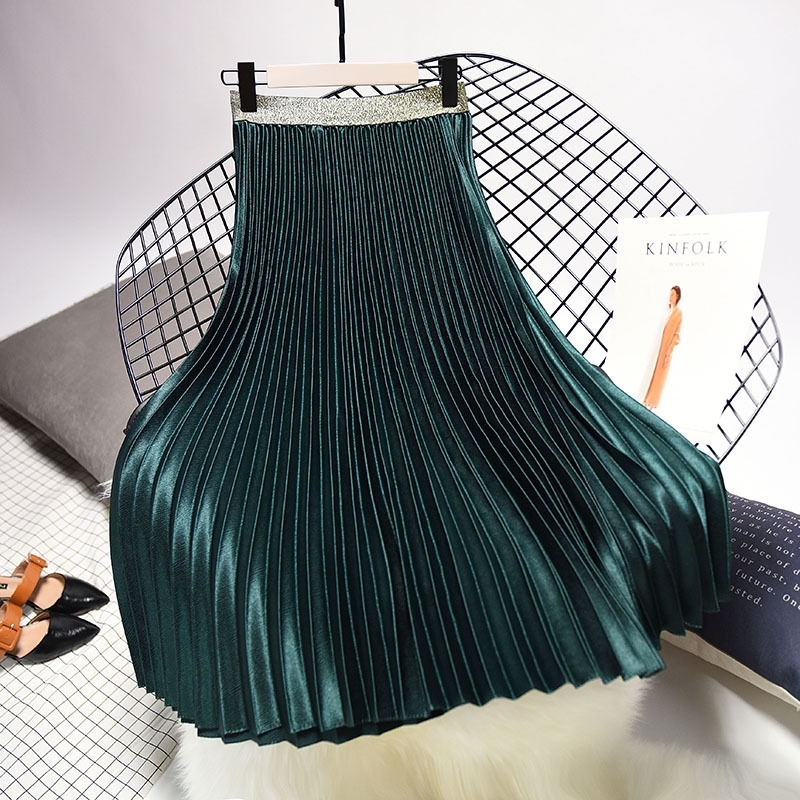 

Spring Elegant Pleated Elastic Waist Women Long Female Autumn Ladies High Quality Midi Skirt Saia Y200326, Sky blue